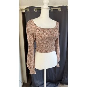 Princess Polly Floral Smocked Crop Top Long Sleeve Square Neck Blouse Red Sz 10